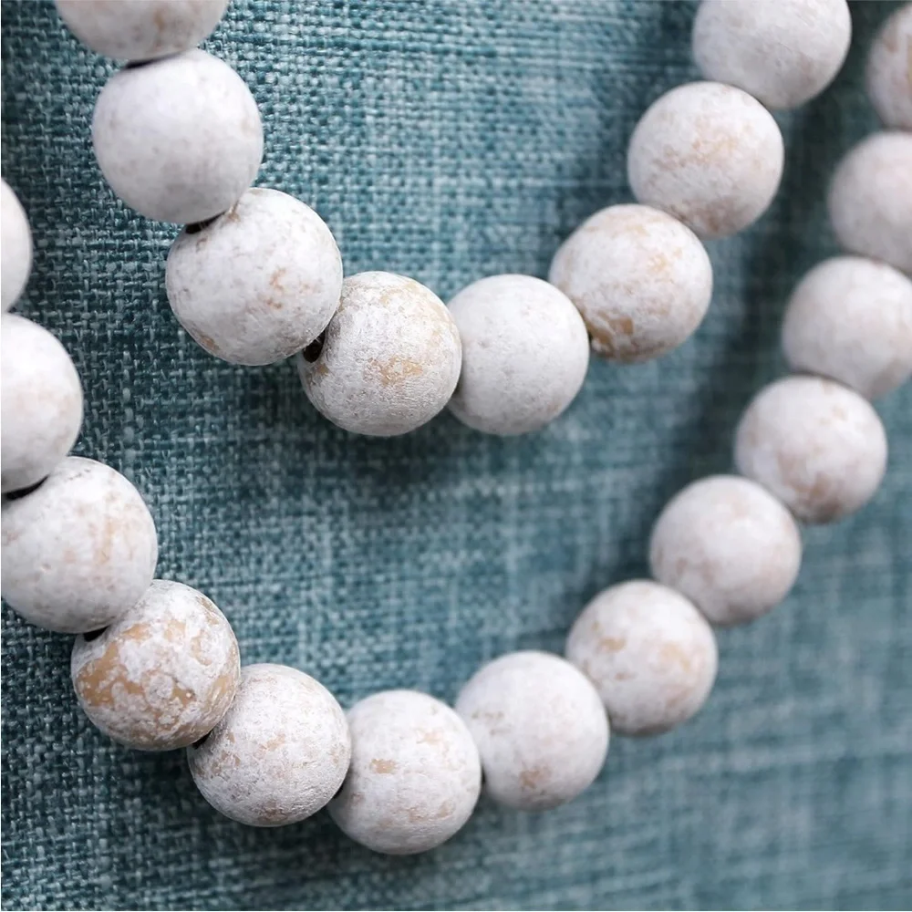 Rustic Boho Farmhouse Distressed White Beads/Wood Tie Tassel Garland Home Decor